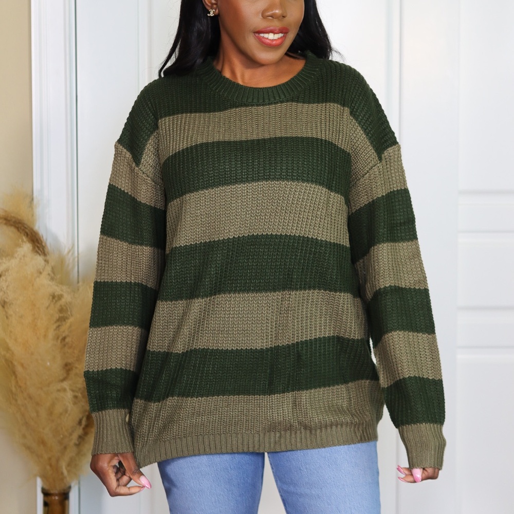 SHADES OF GREEN COLOR BLOCK KNIT SWEATER - Picture 1 of 8